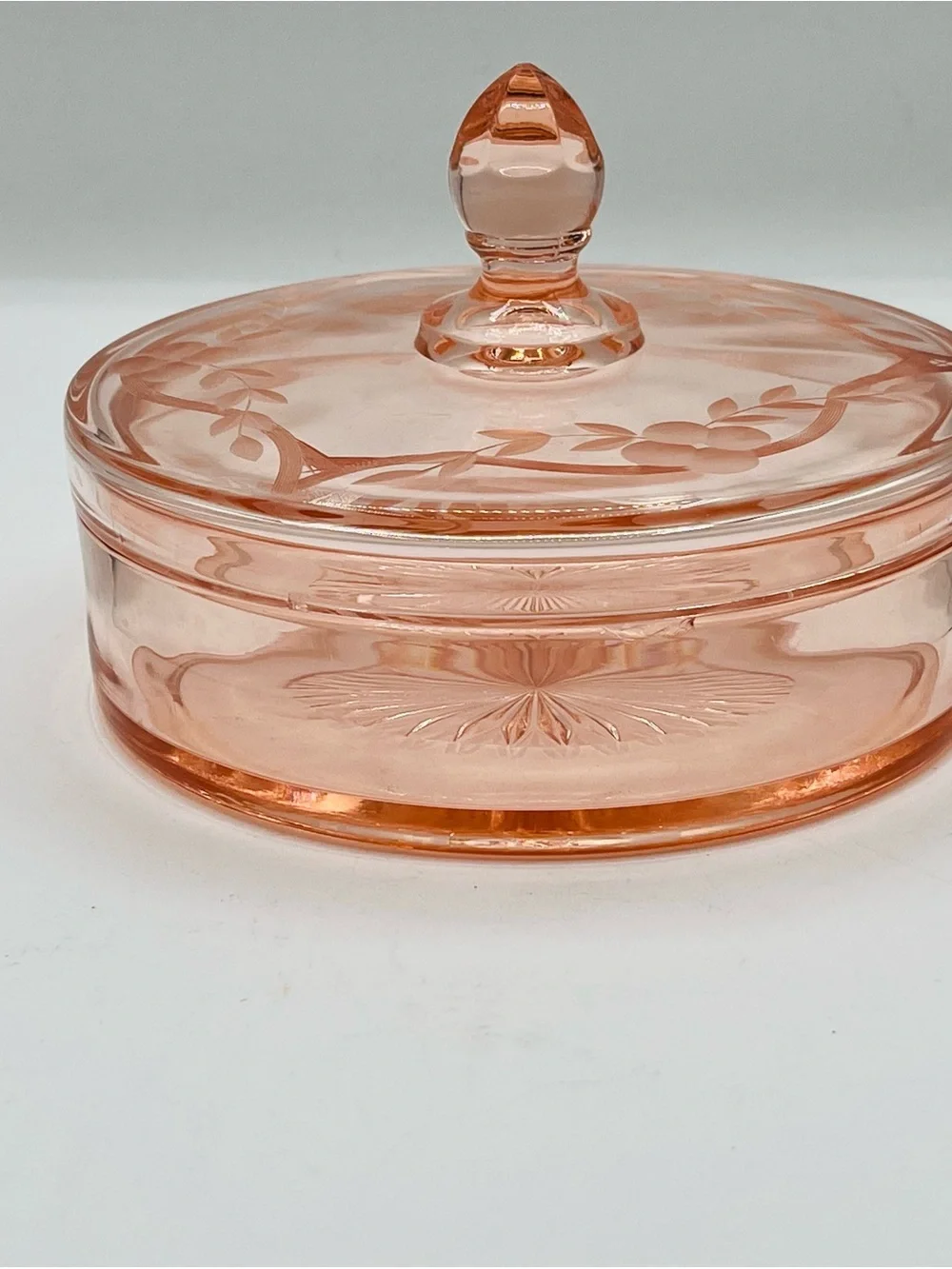 Peach Pink Pressed Glass Covered Trinket Dish